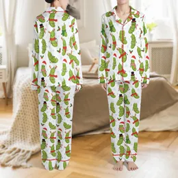 Retro Christmas Pickle Pajamas Set: Whimsical Cartoon Pickles with Santa Hats, Antlers & String Lights Satin Pajamas Set