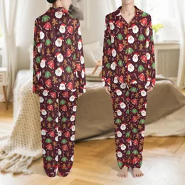 Family Christmas Jumpsuit: Whimsical Maroon Santa Reindeer Gingerbread Pattern Fleece Satin Pajamas Set