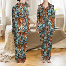 Men's Hawaiian Irezumi Tiger Tattoo Satin Pajamas: Japanese Floral Wave Dragon Sleepwear Satin Pajamas Set