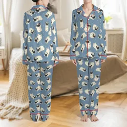 Kids & Adults Unisex Satin Pajamas: Sleepy Pug Pattern, Cream Pugs, Dusty Blue, Short Sleeve Pockets Satin Pajamas Set