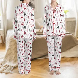 Family Christmas Pajamas: Stylized Cranberry Deer & Pine Trees - Soft Polyester Spandex Sleep Set Satin Pajamas Set