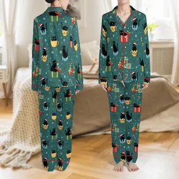 Cat Lover's Teal Black Cat Christmas Pajama Set: Whimsical Santa Hat, Light & Gift Pattern Satin Pajamas Set