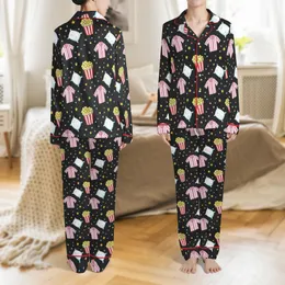 Popcorn & Pajamas Party: Whimsical Chalkboard Popcorn & Sleepwear Pattern Comfort Loungewear Set Satin Pajamas Set