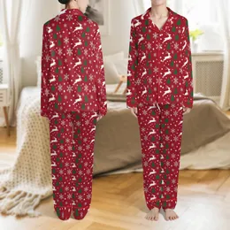 Women's Red Reindeer Snowflake Christmas Tree One-Piece Pajamas Satin Pajamas Set