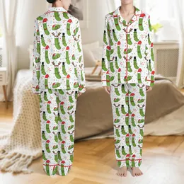 Family's Funny Pickle Christmas Pajamas: Cartoon Santa Hat, Reindeer Antler & Lights Pattern Satin Pajamas Set
