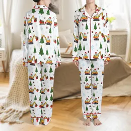 Cheerful Yellow Excavator: Santa Hat Digger Christmas Presents & Tree Seamless Pattern - Holiday Print Kid Satin Pajamas Set