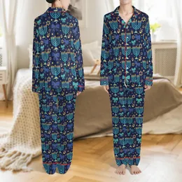Personalized Hanukkah Sleep Set: Custom Name Coquette Bow Menorah Dreidel Pattern - Indigo Blue & Gold Art Satin Pajamas Set