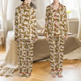 Women's Luxurious Leopard Print Pajama Set: Hand-Drawn Golden-Brown All-Over Pattern Satin Pajamas Set