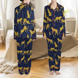 Youth Golden Leopard Jungle Print: Dynamic Navy Tropical Pajama Set Satin Pajamas Set