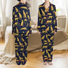 Women's Satin Long Sleeve Pajamas: Deep Navy Golden Leopard Stipple Print Lapel Collar Set Satin Pajamas Set