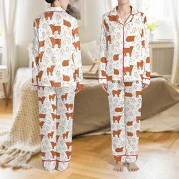 Women's Fluffy Highland Calf & Delicate Wildflower Satin Lounge Ensemble Satin Pajamas Set