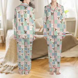 Dog Lovers' Soft Pastel Pink Blue Mint Green Checkerboard Labrador Puppy & Chihuahua Portraits with Names Satin Pajamas Set