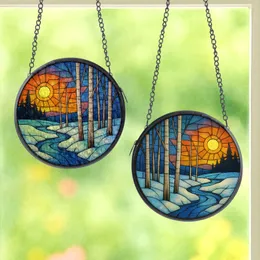 Nature Lovers' Stained Glass Winter Forest Birch Tree Radiant Orange Blue Sunset Glow Art Stained Glass Suncatcher