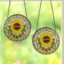 Grandmothers' Intricate Stained Glass Sunflower Mosaic, Golden Amber Hues, & Family Names Stained Glass Suncatcher