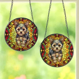 Yorkie Lovers' Glowing Stained Glass Yorkie Puppy Art Jewel Tones Amber Ruby Emerald Mosaic Stained Glass Suncatcher