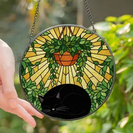 Cat Lovers' Tiffany Style Sleeping Black Cat Terracotta Foliage Mosaic Jewel Tones Stained Glass Suncatcher