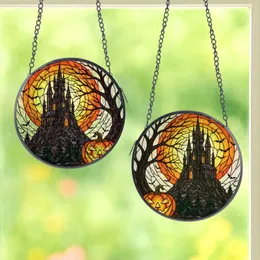 Halloween Enthusiasts' Intricate Stained Glass Glowing Pumpkin Gothic Castle Orange Amber Green Stained Glass Suncatcher