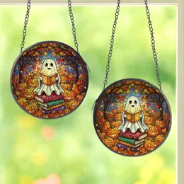 Bookworms & Autumn Lovers' Edge-to-Edge Tiffany Stained Glass Reading Ghost, Jewel Tone Autumn Foliage & Pumpkins Stained Glass Suncatcher