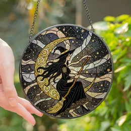 Witchy Aesthetic Fans' Detailed Stained Glass Witch on Crescent Moon, Cosmic Night Sky, Gold Scrollwork, Jewel Tones Stained Glass Suncatcher