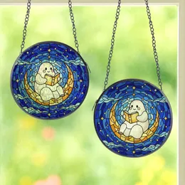 Fantasy Art Lovers' Stained Glass Ghost Reading Moon Mosaic in White Amber Blue Jewel Tones Stained Glass Suncatcher