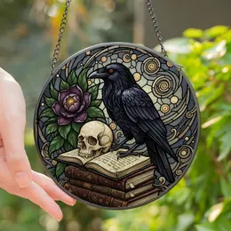 Gothic Fantasy Aficionados' Stained Glass Raven Skull Ancient Books Purple Flower Mosaic Jewel Tones Stained Glass Suncatcher