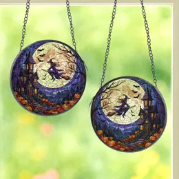 Witchcraft Fans' Tiffany Stained Glass Halloween Witch Moon Haunted House Deep Violet Orange Night Stained Glass Suncatcher