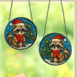 Holiday Animal Lovers' Whimsical Stained Glass Raccoon Santa Hat Christmas Tree Blue Winter Snow Stained Glass Suncatcher