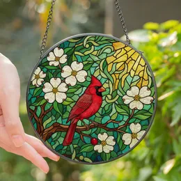 Nature Lovers' Jewel Tone Red Cardinal Stained Glass Mosaic Art with Dogwood & Green Leaves Stained Glass Suncatcher