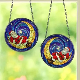 Holiday Enthusiasts' Tiffany Stained Glass Santa Red Suit Golden Moon Cosmic Sky Stained Glass Suncatcher