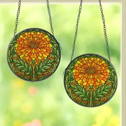 Art Lovers' Tiffany Stained Glass Marigold Flower Vibrant Orange Yellow Emerald Green Mosaic Stained Glass Suncatcher