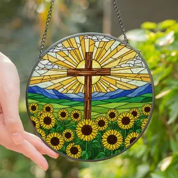 Spiritual Nature Lovers' Tiffany Stained Glass Rustic Cross, Radiant Sun, Vibrant Sunflowers, Mountain Landscape Stained Glass Suncatcher