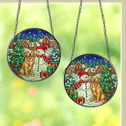 Holiday Enthusiasts' Jewel Tone Stained Glass Christmas Village Snowman Golden Retriever Intricate Mosaic Stained Glass Suncatcher