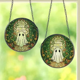 Cozy Aesthetic Fans' Deep Green Warm Yellow Stained Glass Whimsical Ghost Greenhouse Mosaic Stained Glass Suncatcher