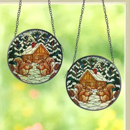 Nature Lovers' Intricate Jewel Tone Stained Glass Winter Squirrels Cozy Cabin Forest Mosaic Pattern Stained Glass Suncatcher