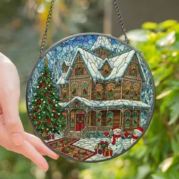 Christmas Lovers' Tiffany Stained Glass Victorian House Snowmen Tree Jewel Tone Mosaic Stained Glass Suncatcher