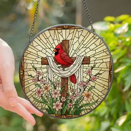 Nature Lovers' Vibrant Stained Glass Cardinal Cross Spring Floral Mosaic Art Stained Glass Suncatcher