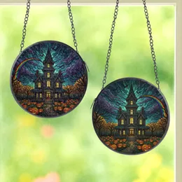 Halloween Enthusiasts' Tiffany Stained Glass Victorian Haunted Mansion with Glowing Jack-o'-lanterns & Bats in Jewel Tones Stained Glass Suncatcher