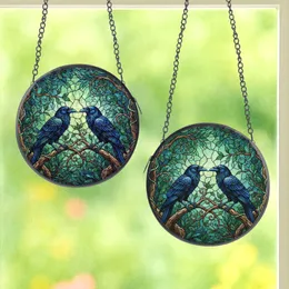 Nature & Art Lovers' Tiffany Style Stained Glass Ravens Iridescent Blue-Black Teal Green Jungle Mosaic Stained Glass Suncatcher