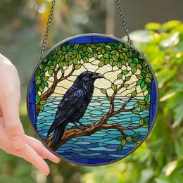 Nature Lovers' Detailed Black Raven Tiffany Stained Glass Mosaic Landscape Art, Sapphire Blue & Amber Jewel Tones Stained Glass Suncatcher