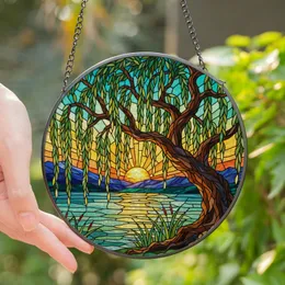 Art Enthusiasts' Radiant Sun Willow Tree Tiffany Stained Glass Emerald Gold Deep Blue Teal Mosaic Stained Glass Suncatcher