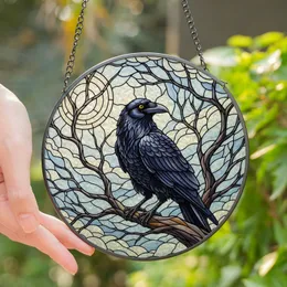 Stained Glass Art Lovers' Majestic Raven Full Moon Opalescent Blue Violet Night Mosaic Stained Glass Suncatcher