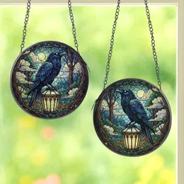 Gothic Fantasy Enthusiasts' Tiffany Style Stained Glass Raven Amber Lantern Emerald Mosaic Stained Glass Suncatcher