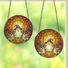Halloween Lovers' Whimsical Edge-to-Edge Stained Glass Ghost Raccoon & Glowing Jack-o'-Lantern Autumn Mosaic in Orange Yellow Purple Green Stained Glass Suncatcher