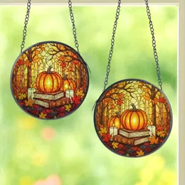 Autumn Enthusiasts' Vibrant Stained Glass Pumpkin Harvest Scene with Glowing Maple Leaves and Cozy Plaid Stained Glass Suncatcher