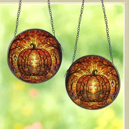 Autumn Fantasy Enthusiasts' Edge-to-Edge Stained Glass Pumpkin Forest Mosaic with Fiery Sunset Hues, Golden Yellow & Purple Tones Stained Glass Suncatcher