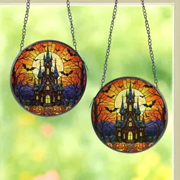 Gothic Art Lovers' Intricate Tiffany Stained Glass Haunted Castle Orange Moon Bats Jack-O'-Lanterns Stained Glass Suncatcher