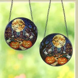 Halloween Enthusiasts' Vibrant Tiffany Stained Glass Haunted Village, Jack-o'-Lanterns, Ghosts, Full Moon Scene Stained Glass Suncatcher
