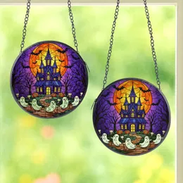 Halloween Lovers' Intricate Tiffany Style Stained Glass Gothic Haunted House, Cute Ghosts, Orange Moon, Purple Night Stained Glass Suncatcher