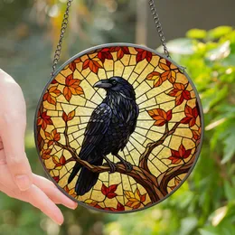 Nature Lovers' Tiffany Style Black Raven Autumn Leaves Stained Glass Jewel Tone Mosaic with Bold Lead Lines Stained Glass Suncatcher