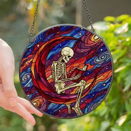 Fantasy & Celestial Art Lovers' Intricate Tiffany Glass Skeleton Moon Cosmic Nebula Jewel Tones Stained Glass Suncatcher